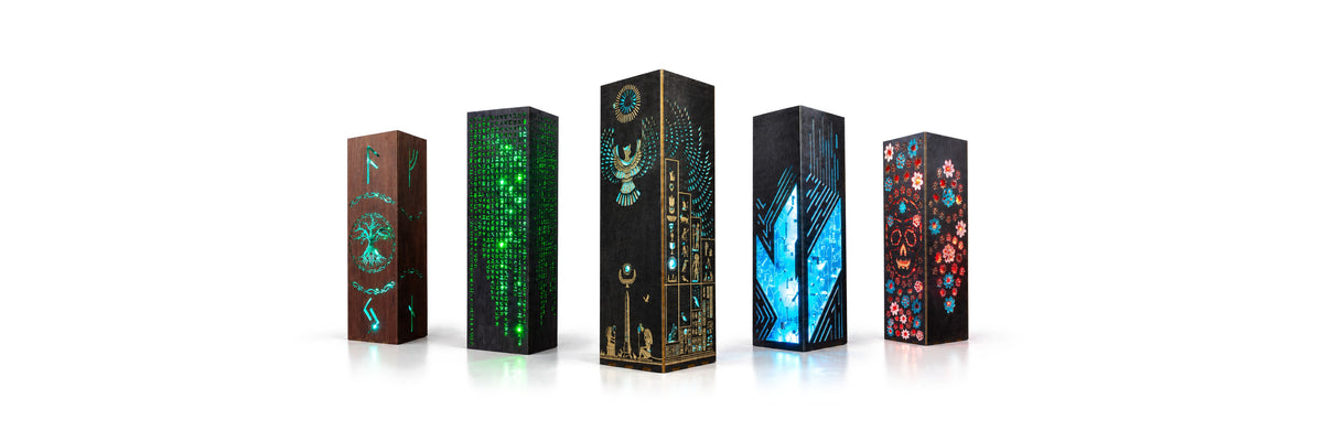 Five handmade wooden night lamps by FavnCrafts: Yggdrasil, Green Code, Egyptian, Circuit Board and Day of the Dead