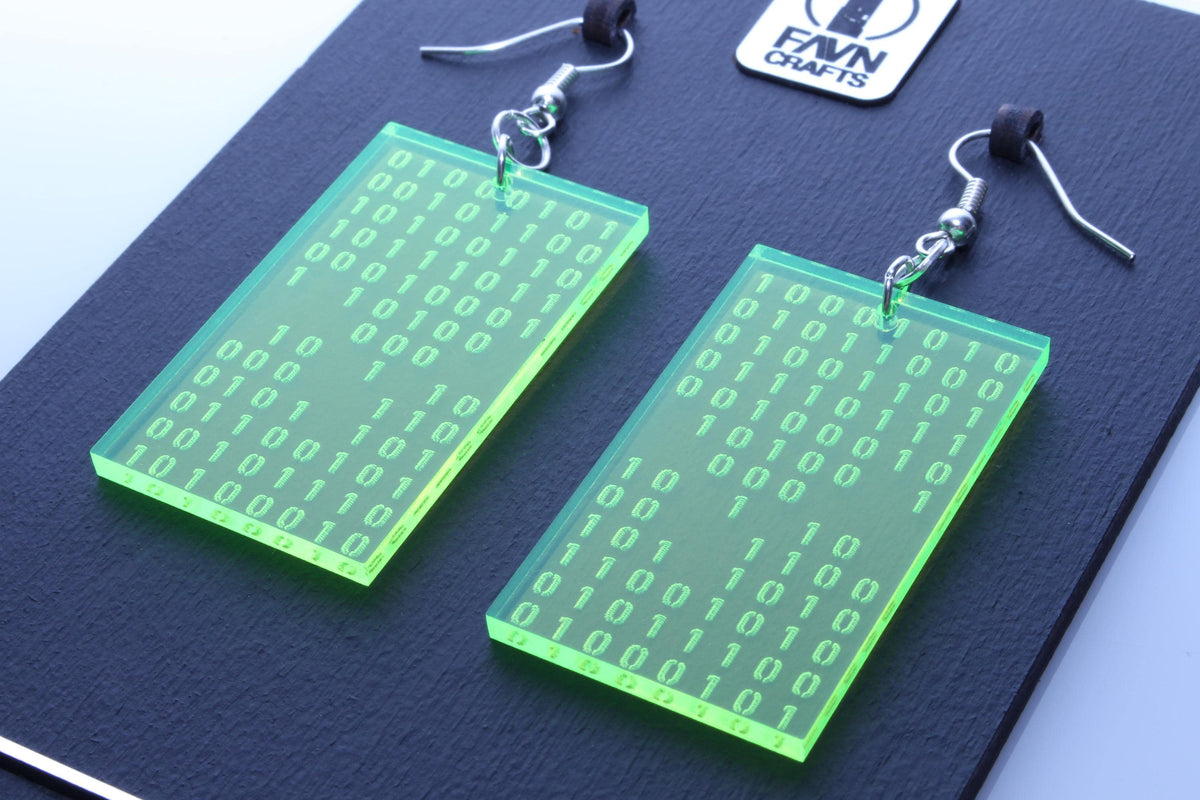 Binary Code Earrings — Neon Green Acrylic