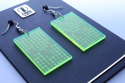 Binary Code Earrings — Neon Green Acrylic