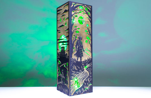 LED Night Lamp, Samurai Silhouette, Stained Wood Box - 8.5x8.5x28 cm, Warm Glow Remote