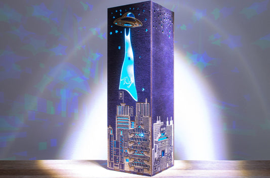 UFO Night Lamp, Tokyo Cityscape Lantern, Stained Wood Lightbox, LED USB, Bluetooth Color Mode, 8.5x8.5x28 cm
