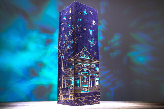 Wooden Lamp, Japanese Style Table Light - Stained Wood LED, Crane And Pagoda Cutout, 8.5 x 8.5 x 28 cm