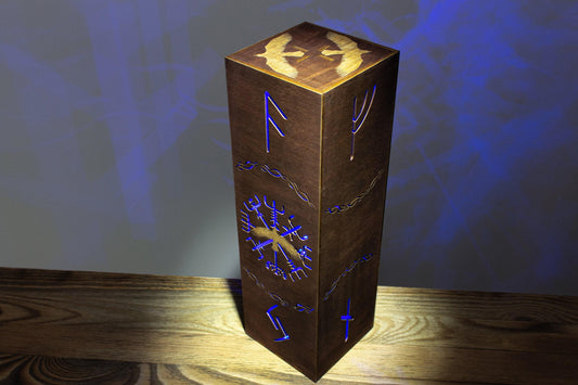 Vegvisir Symbol, Cyberpunk Desk Lamp | Stained Wood, LED Night Light | 8.5x8.5x28 cm, Bluetooth RGB, Raven Motif