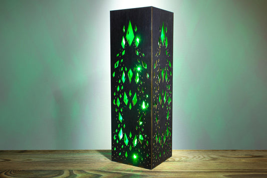 Crystal Shape, Cyberpunk RGB Desk Lamp | Stained Wood, LED Strip, Bluetooth Night Light | 8.5x8.5x28 cm