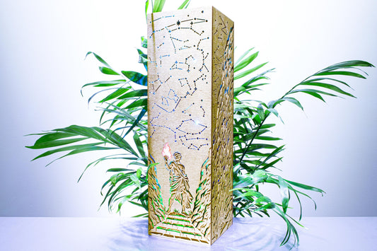 Prometheus Lamp | Greek Mythology Wood Lightbox | Golden Lantern Home Decor