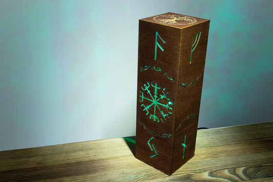 Vegvisir Lamp, Nordic Viking Night Light | Dyed Wood, RGB USB, 20 Color Modes, 8.5×8.5×28 cm