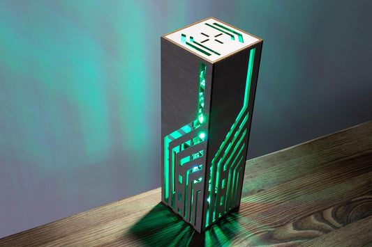 Cyberpunk Style Lamp, Neon RGBIC Desk Nightlight - Dyed 3mm Wood, Bluetooth Remote, 8.5x8.5x28 cm