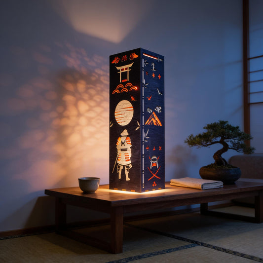 Samurai Lamp, Japanese Night Lantern, Stained Wood Lightbox, LED USB, 28 cm, Bluetooth Remote