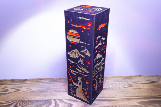 Japan Night Lamp, Samurai Laser-Cut Table Light | Stained Wood, LED Ambient, Bluetooth Control - 8.5 x 8.5 x 28 cm