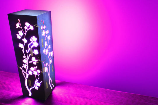 Cherry Blossom Light, Kanji Japanese Lantern Table Lamp | Stained Wood, LED Strip, 28 cm Height