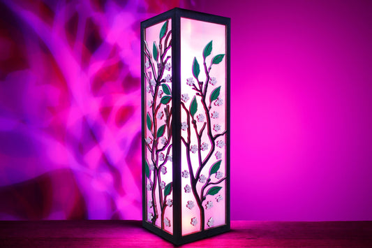 Cherry Blossom Lamp, Sakura Tree Sculpture - Stained Wood LED, Pink Ambient Glow, 8.5 x 8.5 x 28 cm
