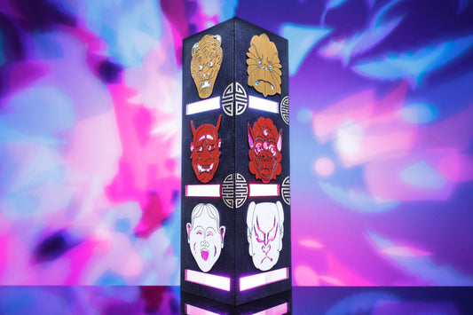 Japanese Kabuki Lamp, Noh Mask LED Light, Stained Wood USB Powered, 8.5 x 8.5 x 28 cm, Bluetooth RGB Music Mode
