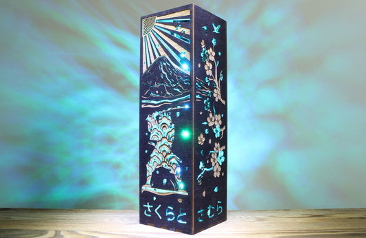 Japanese Lamp, Samurai Nightlight - Stained Wood Box, USB LED Strip, 8.5×8.5×28 cm, Music Mode