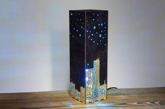 Cyberpunk Lamp, Neon Lines Night City Desk Light, LED RGB Bluetooth Control | Stained Wood | 8.5 x 8.5 x 28 cm