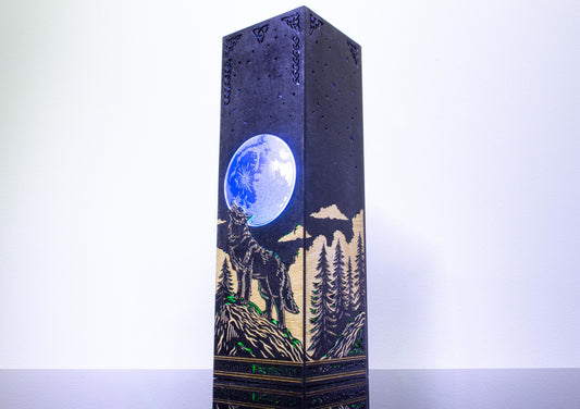 Engraved Wooden Viking Night Lamp: Lone Wolf, Celtic Runes, Norse Decor
