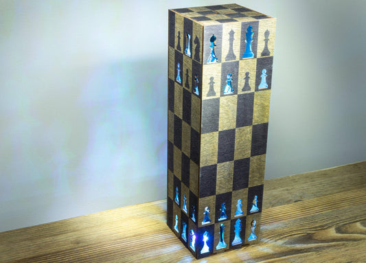 Chess Lamp, Modern RGB Lightbox, Color Changing Night Light | Stained Wood | 8.5x8.5x28 cm