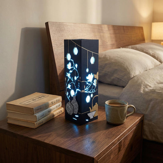 Tea Ceremony, Japanese Lantern Light | Stained Wood LED | 8.5x8.5x28 Cm, Bluetooth App, Cherry Blossom Engraving